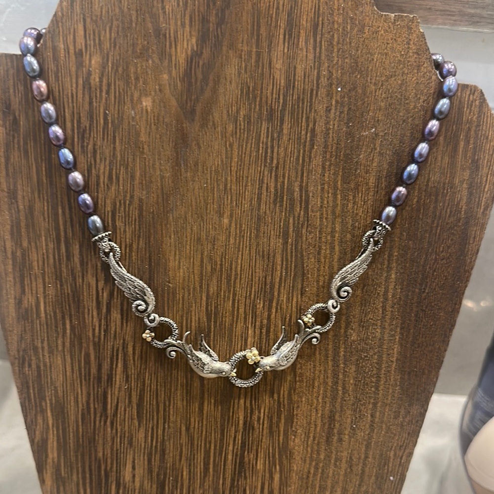 Barbara Bixby Sterling Silver 18K Swallows Sparrows
Birds Black Pearl Necklace